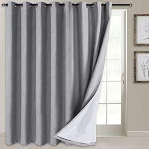 100% Blackout Patio Door Curtain Extra Wide Curtain Panels Sliding Glass Door Curtain Linen Textured Look Grommet Blackout Curtains 84 Inch Length, 100″ x 84″, Gray