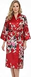 TRIFOLIUM Kimono - Bata Satén con Estampado Pavo Real y Flores Kimono Rojo Etiqueta de fábrica L Talla 46-48 (NG8701-L-RD-1PC)