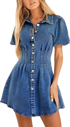 KDF Summer Denim Dress for Women Puff Sleeve Slim Fit Jean Dresses for Women 2025 Casual