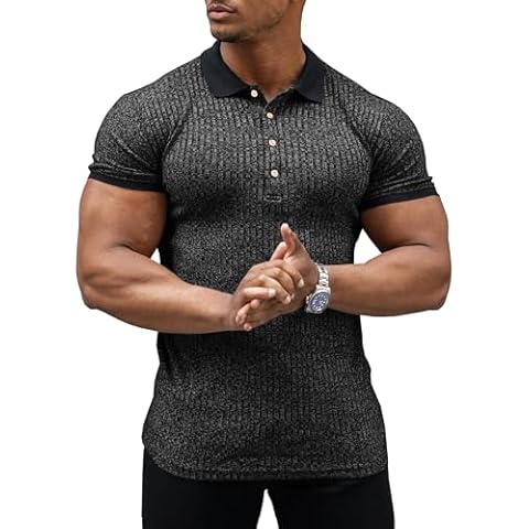 URRU Men's Muscle T Shirts Stretch Contrast Short Sleeve Golf Shirt Casual Slim Fit Polo Shirt Dark Gray M Cover