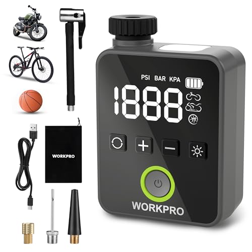 Workpro Mini Compressore Portatile 140 Psi, Pompa Elettrica Ricaricabile Per Biciclette, Moto E Palloni, Con Display Led E Luce Integrata