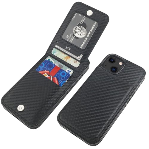 Image of KIHUWEY Compatible with iPhone 13 Case Wallet with Credit Card Holder, Premium Leather Magnetic Clasp Kickstand Heavy Duty Protective Cover for iPhone 13 6.1 inch (Carbon Black)