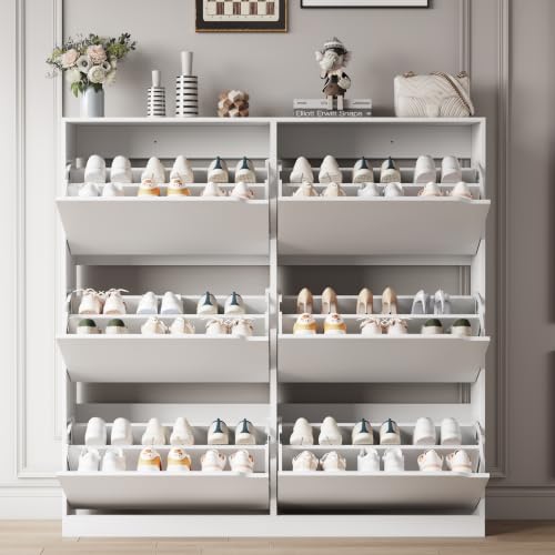 Image of Xixini Shoe Storage Cabinet for Entryway with 6 Flip Drawers, Sturdy Wood Hidden Shoe Storage, Freestanding Narrow Slim Shoe Organizer for Front Door Entrance, Living Room, Hallway, Bedroom, White