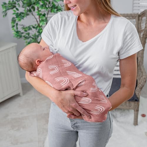 Image of Comfy Cubs Muslin Swaddle Blankets Pack of 4, 47 x 47 Inches, Soft Cotton Baby Blanket Set, Large Multipurpose Swaddling Wraps for Newborns - Self-Soothing Swaddle - Sun, Rainbow, Rain, Doodle