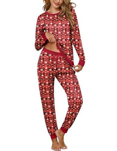 Prosoft&Hawiton Christmas Pjs Cozy Pajamas for Women Soft 2 Piece Loungewear Fashion Casual Shirts And Snowflakes Pants Red