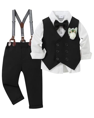 Image of YALLET Toddler Baby Boy Clothes Suit Gentleman Wedding Outfits, Formal Dress Shirt+Bowtie+Vest+Boutonniere+Suspender Pants