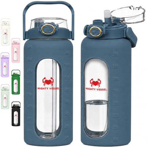 MIGHTY VESSEL 64 Oz Water Bottle with Time Marker & Straw - Dark Blue Pregnancy 2 Liter Glass Water Bottles with Measurements - Daily intake bottle - Leakproof Borosilicate jug