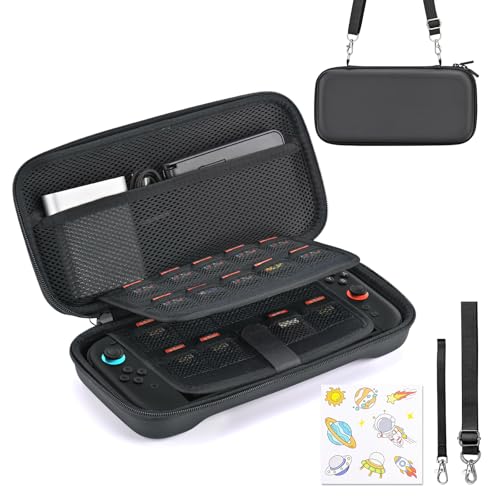 Younik Switch 2 Tasche Kompatibel mit NS Switch 2 (2025), Switch 2 hülle mit 19 Spielkartenfächern, 4 in 1 Switch 2 Zubehör inklusive Schulterriemen, Handgelenkriemen & Aufkleber(Schwarz)