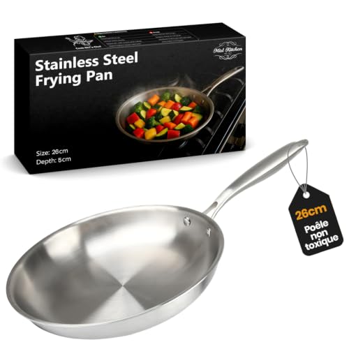 MISL HOME - Poele Inox Induction – 26 cm Poêle Inox 3 Couches en Acier Inoxydable, Stainless Steel Pan 18/10 - Compatible Tous Feux Gaz Électrique Vitrocéramique, Poêle Cuisine pour Viande et Poisson