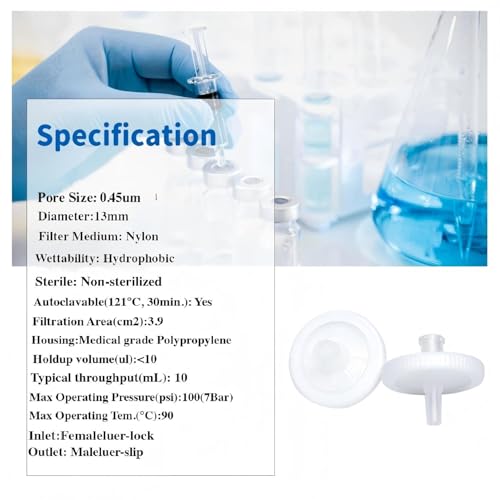 Image of Syringe Filters Hydrophobic Nylon Membrane 100PCS, 0.45um Pore Size,13mm Disc Diameter,HPLC and GC Needle Filter, Non-Sterile, High Throughput Lab Filtration, Barreled Packed