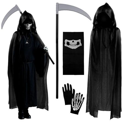 Fahibin Disfra Muerte Adulto, Disfraz de Grim Reaper para Adultos, Disfraz de Reaper Capa Negra con Capucha con Máscara de Esqueleto