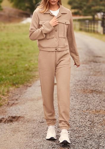 Image of PRETTYGARDEN Womens Two Piece Sets Fall 2026 Long Sleeve Button Down Shacket Jacket Long Sweatpants Tracksuit Winter Clothes