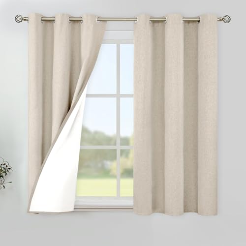 Image of YoungsTex Oatmeal Linen 100% Blackout Curtains 48 Inch Length for Bedroom, Short Thermal Insulated Drapes with Grommet Privacy Protection for Living Room Window, 2 Panels, 42 X 48 Inch
