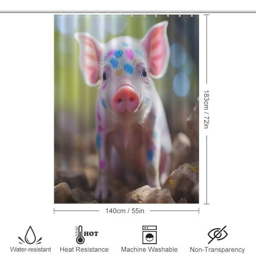 Rideau de douche cochon 140x183 cm en polyester imperméable lavable avec 12 crochets