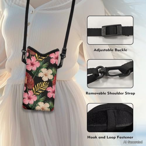 Image of Cellphone Purse Bag with Adjustable Strap Waterproof Shockproof Crossbody Mini Shoulder Handbags Portable Phone Sleeve Case for Women, 8 x 4 Inch, Tropical Hibiscus Flower Palm Leaf