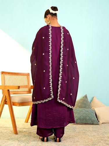 Image of Naixa Women's Vichitra Silk Embroidered A-Line Kurta with Pant and Dupatta Sets (NX-845)