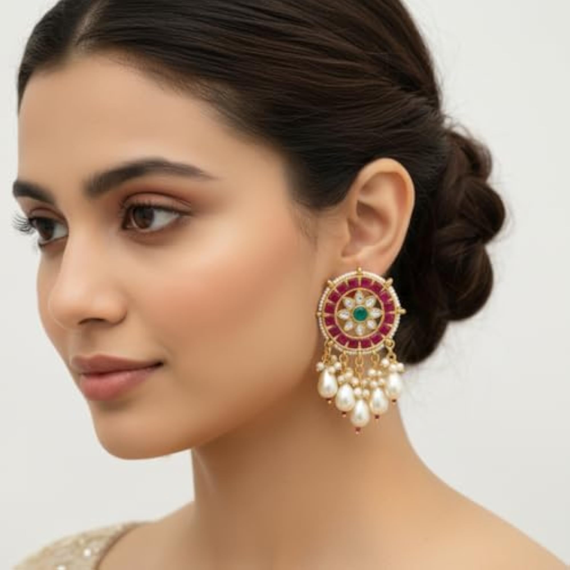 Traditional Red Ruby Stones & Kundan Studded Statement Stud Earrings