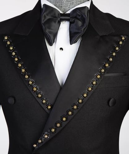 Men's Black Blazer with Gold Bead Embellishments Double Peaked Lapel Dual Vents2