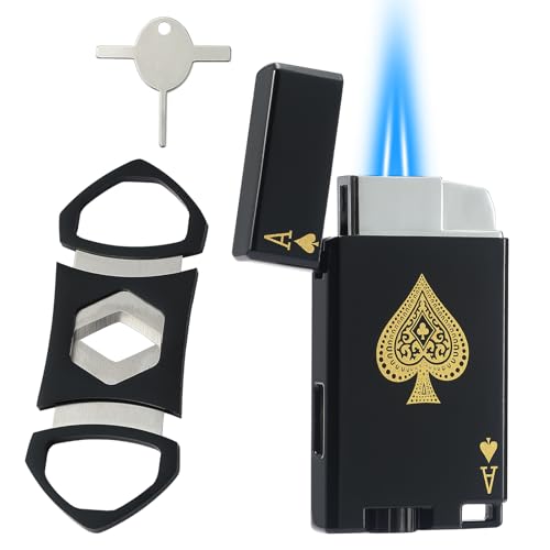 Haillai Lighter and Cutter Set, Adjustable Double Jet Flame Butane Torch Lighter with Protect Cover, Refillable Windproof Lighter with Keyhole, Gifts for Men. Black(Sold Without Gas)