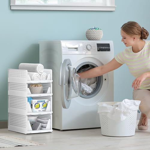 Image of Sorbus 4 Pack Folding Closet Shelf Organizer for Clothes, Versatile Stackable Storage Baskets for Closet, Bathroom, Kitchen and Garage with Easy Access Open Front Design, Plastic Organizer Shelves