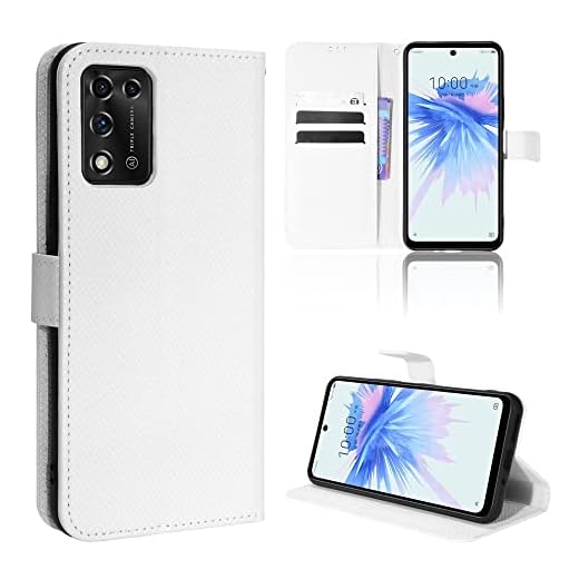 Skyddsväska Fall for Zte Libero 5G II, Kortslots Ställ magnetisk stängning, skyddande Pu Läderflipskydd med handledsband Kickstand [Shocksäker TPU] Smartphone smal täckskal (Color : WHITE)