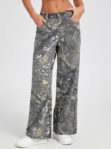 Baggy Camo Pants Women Mid Rise Wide Leg Camouflage Jeans Elastic Waist Army Fatigue Denim Sweatpants4