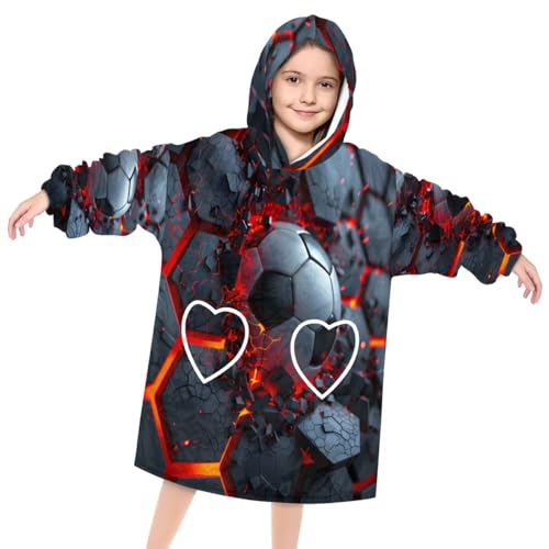 Pardick Wearable Blanket Hoodie for Kids, Fire Footbal Fleece Sweatshirt Blanket Fire Soccer Oversized Blanket Sweatshirt with Pocket Flannel Warm Hooded Blanket 6-10 Year Old Girl Boy Gift, One Size