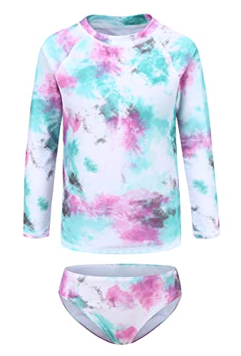 Image of Girls Long Sleeve Rash Guard Set Tie Dye Bathing Suits Two Piece Swimsuits for Kids Swim Shirts 3-16 Years