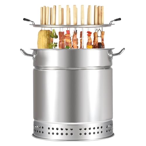 WBRSybUK Baril De Charbon De Bois pour Barbecue, Poêle Suspendu pour Barbecue, Baril en Maille en Acier Inoxydable avec Brochettes Kabob, Panier À Griller Roulant, Support pour Barbecue De Camping