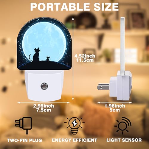 Image of Night Light, Cat and Mouse Sit on Moon Night Lights Plug into Wall Dusk to Dawn Sensor Round Nightlight for Women Men Energy Efficient Led Lamp 0.5W for Stairway Hallway Bedroom