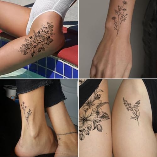 CHARLNET Black Flower Temporary Tattoos For Women Girls