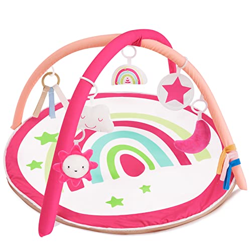 Image of Baby Gym and Infant Play Mat Rainbow Design for Newborn Stage-Based Developmental Activity Gym for Babies to Toddlers with 7 Toys Infant Mirror Tummy Time Mat Bright Pink little dove