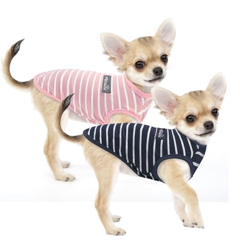 Image of MIHACHI Dog Shirts Cotton Striped T-Shirt, Summer Pet Clothes for Small Dogs, 2-Pack Soft Puppy Apparel Cat Tee, Sleeveless Lightweight, Quick Dry, Breathable,Stretchy for Chiuahaha, Pink Navy XS