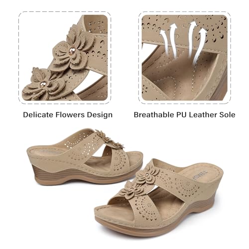 Image of TEMOFON Womens Wedge Sandals Leather: Comfortable Walking Shoes Summer | Fit Wide Foot - Cute Style - Wear True Size 5-11