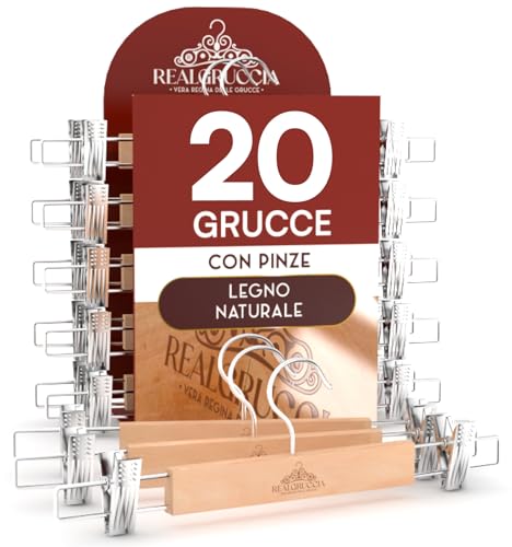 20 Grucce Appendiabiti con Pinze per Gonne Jeans Pantaloni in Legno Naturale 13x33cm - RealGruccia Gancio Girevole 360° in Metallo Resistente Clips Regolabili Salvaspazio e Robuste - Finitura Lucida