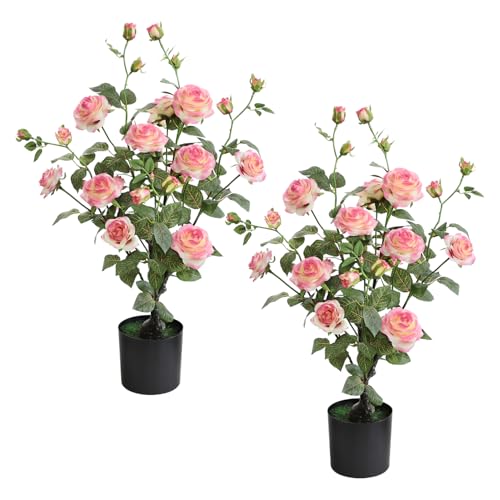 momoplant Artificial Rose Plant 27 Inch Tall Fake Silk Rose Flower Set of 2 Faux Trees with Potted for Living Room Table Kitchen Office Decor?Pink?