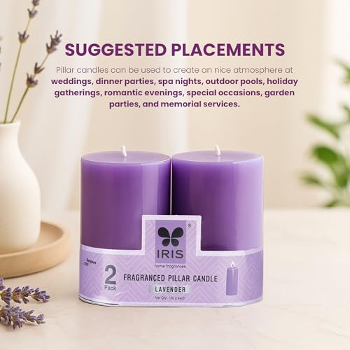 Image of IRIS Lavender Fragranced Pillar Candles | Pack of 2 | 120g Each | 2 inchx3 inch | Non-Toxic | Long-Lasting Scented Candle for Home, Bedroom & Gifting