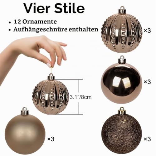 8CM Weihnachtsdeko Weihnachtskugeln, 12 Stücke Bruchsiche Christbaumkugeln Ornamente Weihnachtsbaumschmuck für Weihnachtsbaum… – Ansicht 2
