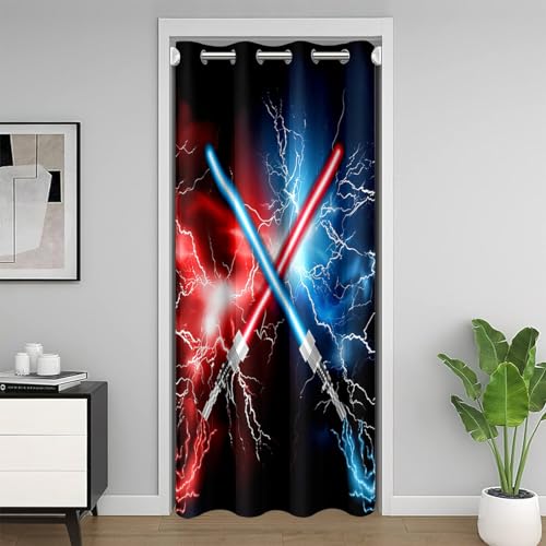 Homemissing Sabre Optique Rideau de Porte 150x203cm Enfants Rouge Bleu Rideau Occultant Rideaux Sabre Optique Grommet Rideaux Interieur Salon Chambre Futur Technologie Rideaux Exterieur d'entrée