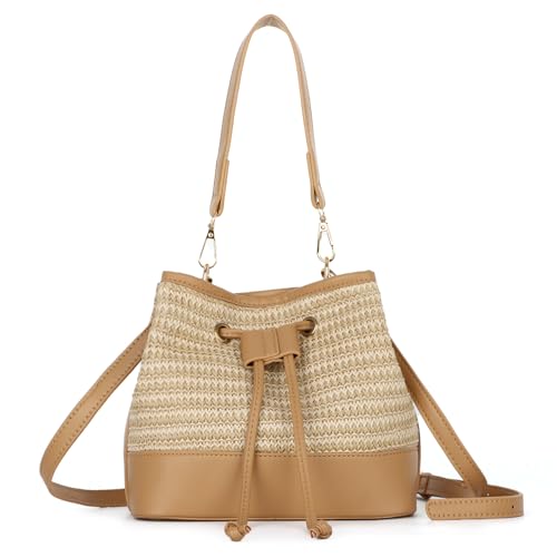 SUKUTU Straw Drawstring Shoulder Bag Bucket Bag for Women Summer Handwoven Beach Vacation Handbag Crossbody Bag