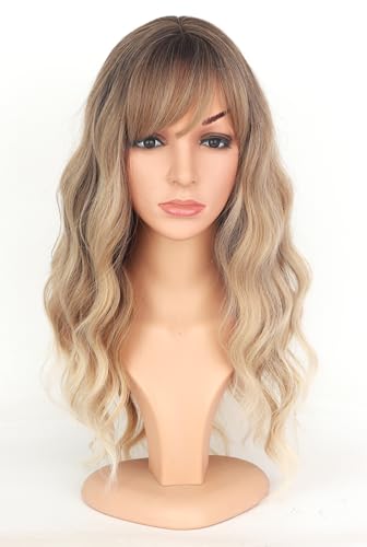 SYMEIW Ombre Dirty Blonde Wavy Wigs With Bangs For Women Medium Long Ash Blonde Synthetic Wigs For Daily Use Dirty Blonde