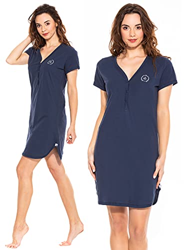 Sibinulo Damen Nachthemd V Ausschnitt Nachtwäsche Kurzarm Nachtgewand 100% Baumwolle Pyjama Sleepshirt Sexy Schlafshirt Schlafanzug EU Marineblau L Cover