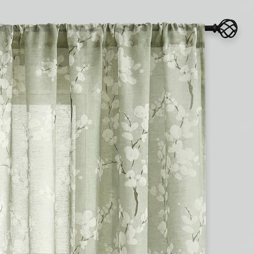 Image of FMFUNCTEX Linen Sheer Blossom Floral Curtains Sage Green 84 Inch 2 Panels