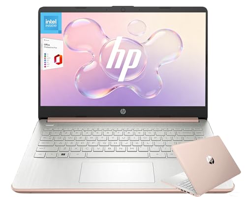 14" Slim & Portable, All Day Battery, HD Micro-Edge Display Laptop for Work & Study by HP, Comfort Keyboard, Intel Dual-Core, 4GB RAM, 64GB eMMC, Win 11 + 1 Year Microsoft 365, Copilot AI, Rose Gold