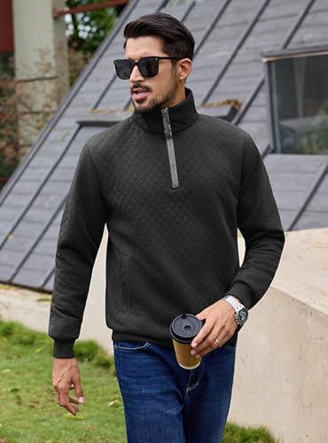 URRU Men’s Quarter Zip Pullover Quilted Sweater Long Sleeve Mock Neck Polo with Pocket2