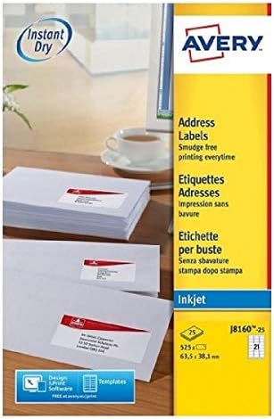 AVERY J8160-25 - 525 Adhesive Address Labels Customisable White 63.5 x 38.1 mm. Printing: Inkjet