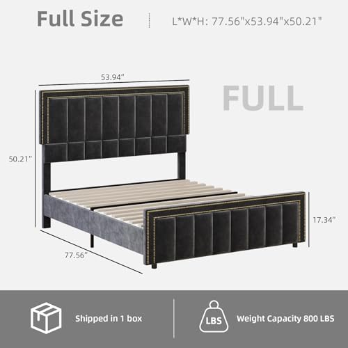 Image of BarnFurin Full Size Bed Frame with 50 inch Extra Tall Headboard, Black Chenille Upholstered Platform Bed, Vertical Channel Tufting & Nailhead Trim, No Box Spring Needed, Squeak-Free