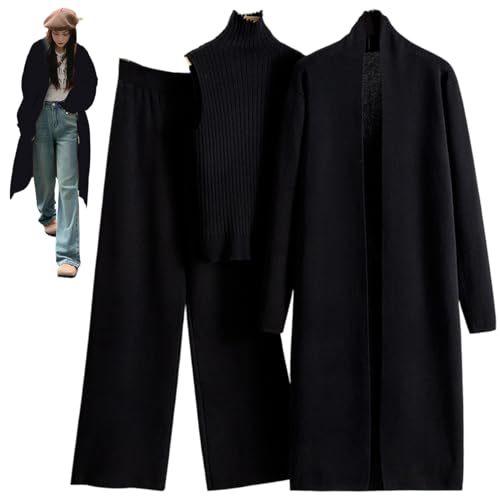 Ensemble assorti 3 pièces tricot pour femme avec haut pantalon large et manteau long d'automne
