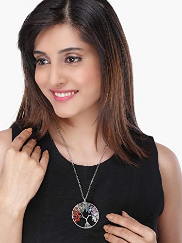 Image of Yellow Chimes Tree of Life 7 Chakra Stones Handmade Long Chain Pendant Necklace for Women and Girls