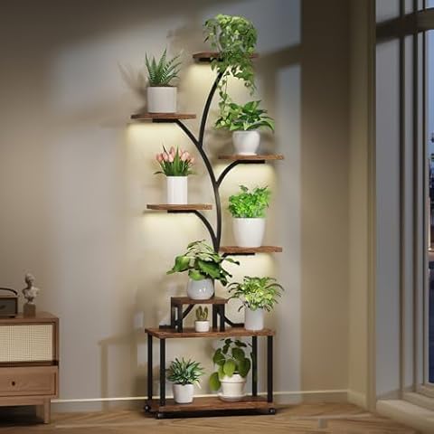 LotFun Plant Stand Indoor with Grow Lights, 8-Tiered Metal Plant Shelf, 61" Tall Plant Stand for Indoor Plants Multiple, S-Shaped Display Rack for Indoor Plants, Living Room, Garden, Patio Cover